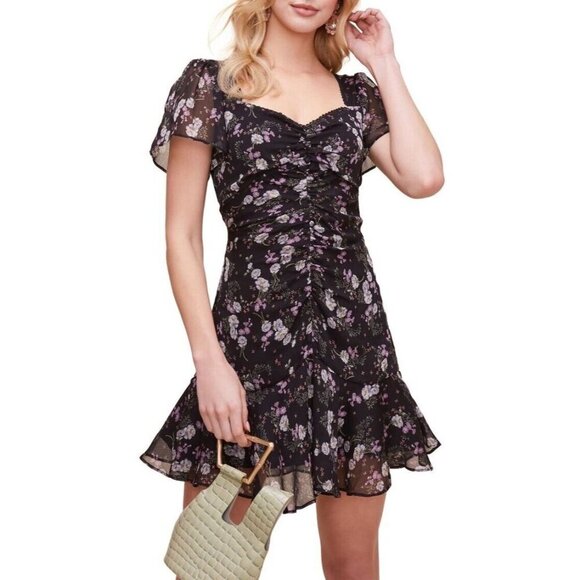 ASTR The Label So Smitten Floral Mini Dress MEDIUM Ruched Chiffon Milkmaid - Picture 1 of 12